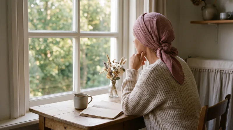 Een vrouw met een hoofddoek zit aan een tafel bij het raam en kijkt peinzend naar buiten